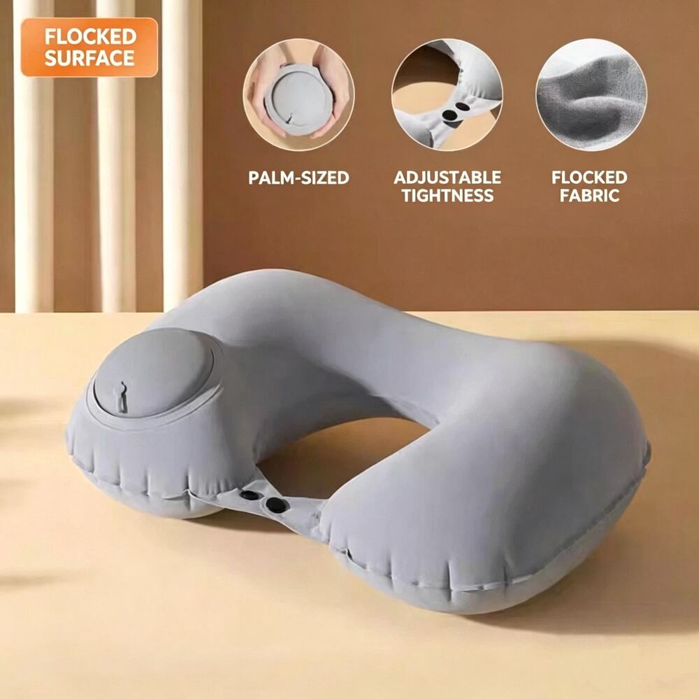 Press Inflatable U‑Shaped Neck Pillow, 85g Ultra‑Light Flocked Travel Pillow
